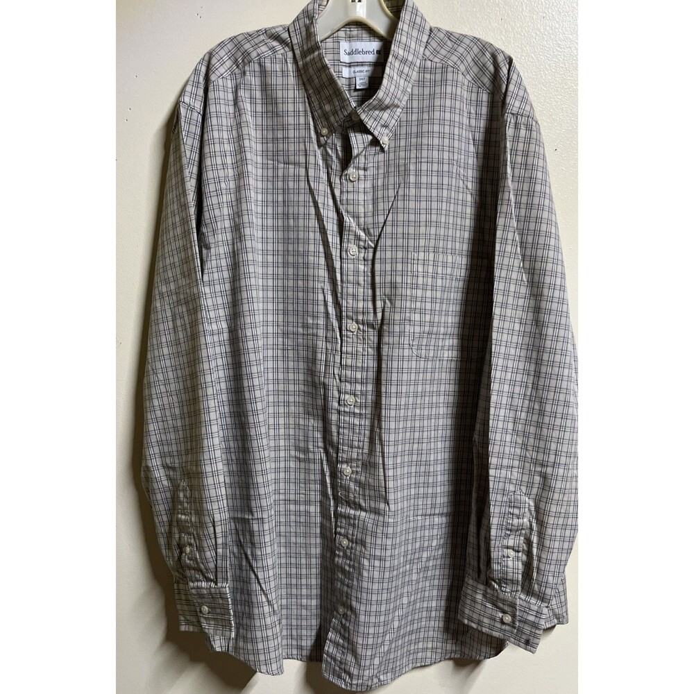 Saddlebred Classic Fit Mens Dress Shirt Sz 2XLT Tan Plaid Stripes Long Sleeves